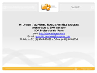 WebSphere Registry and Repository (WSRR)Arquitectura SOA con ESBSISTEMA 3SISTEMA 4SISTEMA 1SISTEMA 2WSFLEXIBILIDADDINAMISMOROBUSTEZEnterprise Service BusWSSISTEMA 7SISTEMA 8SISTEMA 5SISTEMA 6Arquitecturastípicas (Tightly-Coupled)ArquitecturaOrientada a Servicios con ESB (Loosely-Coupled)