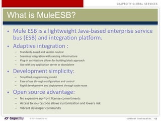 What is MuleESB?
•   Mule ESB is a lightweight Java-based enterprise service
    bus (ESB) and integration platform.
•   Adaptive integration :
    –   Standards-based and vendor-neutral
    –   Seamless integration with existing infrastructure
    –   Plug-in architecture allows for building block approach
    –   Use with any application server or standalone

•   Development simplicity:
    –   Simplified programming model
    –   Ease of use through configuration and control
    –   Rapid development and deployment through code reuse

•   Open source advantage:
    –   No expensive up-front license commitments
    –   Access to source code allows customization and lowers risk
    –   Vibrant developer community

                © 2011 GrapeCity inc.                                13
 