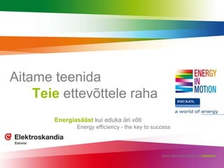 Aitame teenida
Teie ettevõttele raha
Energiasääst kui eduka äri võti
Energy efficiency - the key to success

www.elektroskandia.ee/roheline

1

 