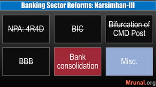 NPA: 4R4D BIC
Bifurcation of
CMD Post
BBB
Bank
consolidation
Misc.
Banking Sector Reforms: Narsimhan-III
 