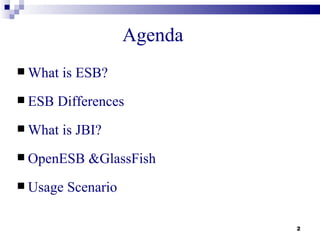 Agenda
 What   is ESB?
 ESB   Differences
 What   is JBI?
 OpenESB    &GlassFish
 Usage   Scenario

                              2
 