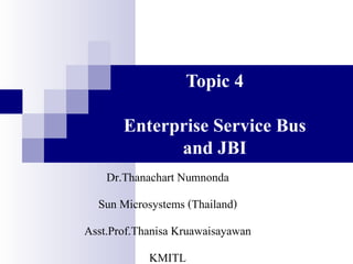 Topic 4

       Enterprise Service Bus
             and JBI
    Dr.Thanachart Numnonda
  Sun Microsystems (Thailand)
Asst.Prof.Thanisa Kruawaisayawan
            KMITL
 
