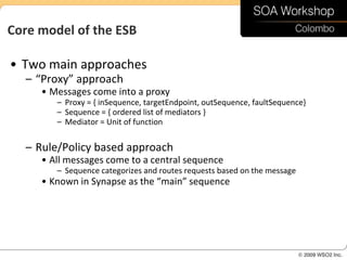 Core model of the ESB

• Two main approaches
  – “Proxy” approach
     • Messages come into a proxy
        – Proxy = { inSequence, targetEndpoint, outSequence, faultSequence}
        – Sequence = { ordered list of mediators }
        – Mediator = Unit of function


  – Rule/Policy based approach
     • All messages come to a central sequence
        – Sequence categorizes and routes requests based on the message
     • Known in Synapse as the “main” sequence
 
