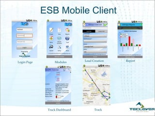 ESB Mobile Client




Login Page        Modules       Lead Creation   Report




              Track Dashboard         Track
 