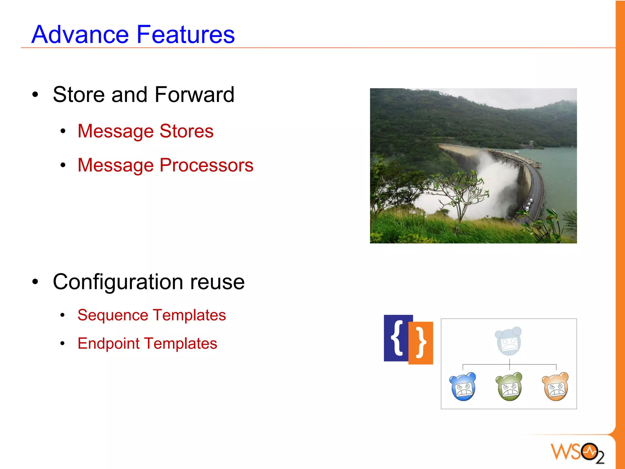 Advance Features

• Store and Forward
  • Message Stores
  • Message Processors




• Configuration reuse
  • Sequence Templates
  • Endpoint Templates
 