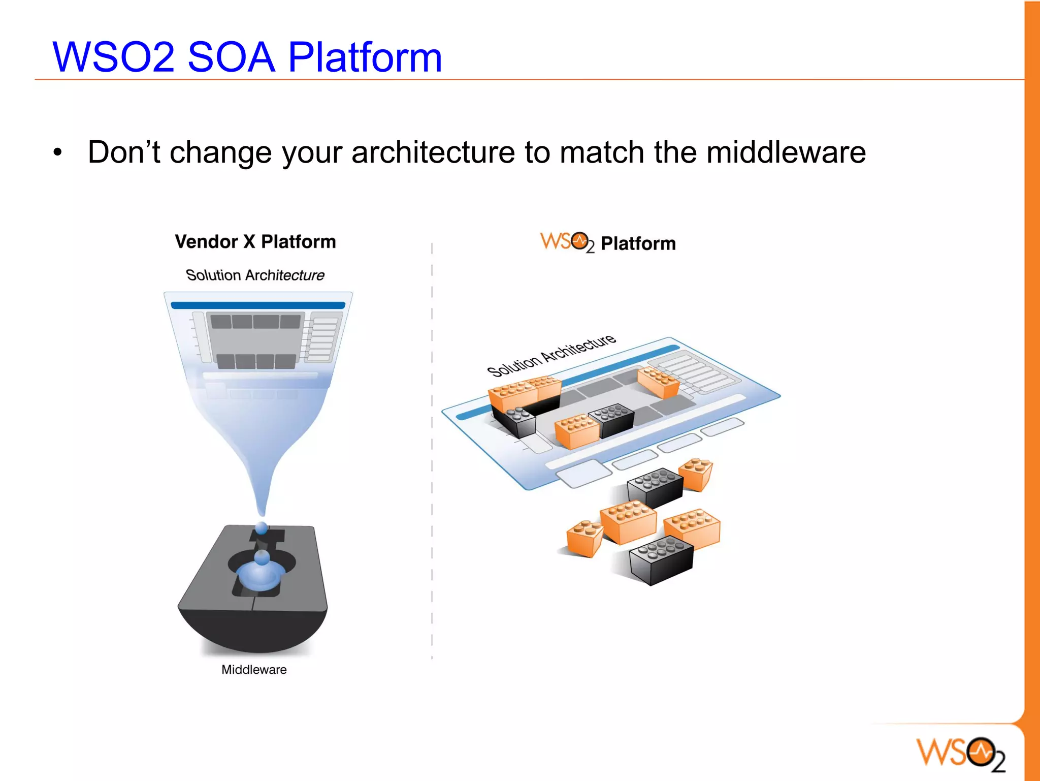 WSO2 SOA Platform

• Don’t change your architecture to match the middleware
 