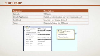 9. OFF RAMP
Properties Description
Extender Off Ramp
Biztalk Application Biztalk Application that have previous send port
Send Port Send port previously defined
Name Meaningful name for Off Ramp
 