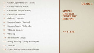 SIMPLE
ONE-WAY
ITINERARY
ROUTING
1. Create/Deploy Employee Schema
2. Create Receive[on Ramp]
3. Create dynamic Send port[Off Ramp]
4. Create New Itinerary
5. On Ramp Properties
6. Itinerary Service (Routing)
7. Itinerary Service File Resolver
8. Off Ramp Extender
9. Off Ramp
10. Itinerary Final Design
11. Deploy Itinerary – Query Itinerary DB
12. Test Rout
13. Export Binding for receive-send Ports
<< STEPS
DEMO 1
 