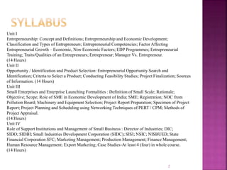 Unit I
Entrepreneurship: Concept and Definitions; Entrepreneurship and Economic Development;
Classification and Types of Entrepreneurs; Entrepreneurial Competencies; Factor Affecting
Entrepreneurial Growth – Economic, Non-Economic Factors; EDP Programmes; Entrepreneurial
Training; Traits/Qualities of an Entrepreneurs; Entrepreneur; Manager Vs. Entrepreneur.
(14 Hours)
Unit II
Opportunity / Identification and Product Selection: Entrepreneurial Opportunity Search and
Identification; Criteria to Select a Product; Conducting Feasibility Studies; Project Finalization; Sources
of Information. (14 Hours)
Unit III
Small Enterprises and Enterprise Launching Formalities : Definition of Small Scale; Rationale;
Objective; Scope; Role of SME in Economic Development of India; SME; Registration; NOC from
Pollution Board; Machinery and Equipment Selection; Project Report Preparation; Specimen of Project
Report; Project Planning and Scheduling using Networking Techniques of PERT / CPM; Methods of
Project Appraisal.
(14 Hours)
Unit IV
Role of Support Institutions and Management of Small Business : Director of Industries; DIC;
SIDO; SIDBI; Small Industries Development Corporation (SIDC); SISI; NSIC; NISBUED; State
Financial Corporation SFC; Marketing Management; Production Management; Finance Management;
Human Resource Management; Export Marketing; Case Studies-At least 4 (four) in whole course.
(14 Hours)
2
 