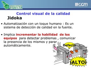 • Automatización con un toque humano : Es un
sistema de detección de calidad en la fuente.
• Implica incrementar la habilidad de los
equipos para detectar problemas , comunicar
la presencia de los mismos y parar
automáticamente.
Jidoka
Control visual de la calidad
¡ALTO¡
Defecto
 