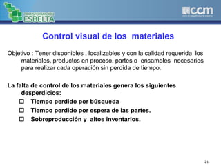 21
Control visual de los materiales
Objetivo : Tener disponibles , localizables y con la calidad requerida los
materiales, productos en proceso, partes o ensambles necesarios
para realizar cada operación sin perdida de tiempo.
La falta de control de los materiales genera los siguientes
desperdicios:
 Tiempo perdido por búsqueda
 Tiempo perdido por espera de las partes.
 Sobreproducción y altos inventarios.
 