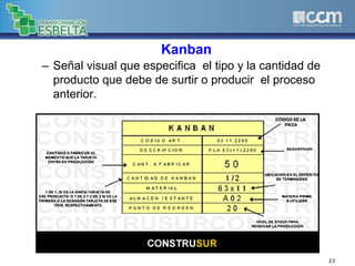 Kanban
– Señal visual que especifica el tipo y la cantidad de
producto que debe de surtir o producir el proceso
anterior.
23
 