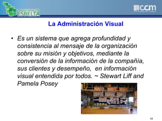 La Administración Visual
• Es un sistema que agrega profundidad y
consistencia al mensaje de la organización
sobre su misión y objetivos, mediante la
conversión de la información de la compañía,
sus clientes y desempeño, en información
visual entendida por todos. ~ Stewart Liff and
Pamela Posey
58
 