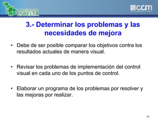 3.- Determinar los problemas y las
necesidades de mejora
• Debe de ser posible comparar los objetivos contra los
resultados actuales de manera visual.
• Revisar los problemas de implementación del control
visual en cada uno de los puntos de control.
• Elaborar un programa de los problemas por resolver y
las mejoras por realizar.
70
 