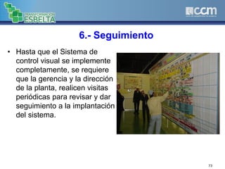 6.- Seguimiento
• Hasta que el Sistema de
control visual se implemente
completamente, se requiere
que la gerencia y la dirección
de la planta, realicen visitas
periódicas para revisar y dar
seguimiento a la implantación
del sistema.
73
 
