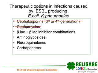 Therapeutic options in infections caused by  ESBL producing  E.coli, K.pneumoniae Cephalosporins (3 rd  or 4 th  generation) Cephamycins    lac +    lac inhibitor combinations Aminoglycosides Fluoroquinolones Carbapenems  