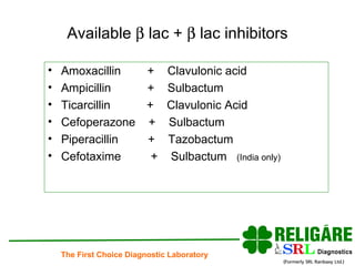 Available    lac +    lac inhibitors Amoxacillin  +  Clavulonic acid Ampicillin  +  Sulbactum Ticarcillin  +  Clavulonic Acid Cefoperazone  +  Sulbactum Piperacillin  +  Tazobactum Cefotaxime  +  Sulbactum  (India only) 