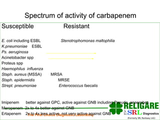 Spectrum of activity of carbapenem Susceptible   Resistant E. coli  including ESBL  Stenotrophomonas maltophilia K.pneumoniae   ESBL Ps. aeruginosa Acinetobacter spp Proteus spp Haemophilus  influenza Staph. aureus  (MSSA)  MRSA Staph. epidermidis   MRSE Strept. pneumoniae  Enterococcus faecalis Imipenem  better against GPC, active against GNB including Pseudo, anaerobes Meropenem  2x to 4x better against GNB Ertapenem  2x to 4x less active, not very active against GNB  