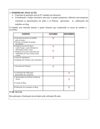  PERIÓDO DE APLICAÇÃO:
    O período de aplicação será na IVª unidade (um bimestre).
    Considerando o tempo necessário, para que os grupos pesquisem, elaborem suas pesquisas,
       construam as apresentações em slides e os Podcast, apresentem         as publicações dos
       trabalhos no blog.
O trabalho será realizado durante o quarto bimestre que compreende os meses de outubro e
novembro.

                 EVENTOS                           OUTUBRO            NOVEMBRO

       Exposição do projeto de trabalho                X
        para as turmas.
       Divisão e formação dos grupos
        De trabalho.
       Pesquisar em sites de busca                     X
        (cadê, Google...) para obtenção de
        Informações sobre o tema.
       Pesquisa em revistas especializa das            X
         Publicações de livros, jornais sobre
        o tema.
       Troca de experiências.                          X
       Preparção dos Podcast e dos seminaários


       Gravação dos Podcasts                           X

       Construção dos Slides para                                       X
       apresentação dos seminários.
       Apresentação dos Podcast na rádio da
        escola.                                                          X
       Criação do Blog.

       Publicação dos resultados no Blog.                               X
Nº DE AULAS:

Para aplicação e finalização da atividade serão utilizadas 08 aulas
 