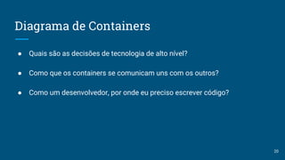 Diagrama de Containers
● Quais são as decisões de tecnologia de alto nível?
● Como que os containers se comunicam uns com os outros?
● Como um desenvolvedor, por onde eu preciso escrever código?
20
 