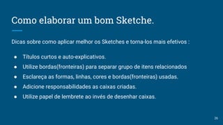 Como elaborar um bom Sketche.
Dicas sobre como aplicar melhor os Sketches e torna-los mais efetivos :
● Títulos curtos e auto-explicativos.
● Utilize bordas(fronteiras) para separar grupo de itens relacionados
● Esclareça as formas, linhas, cores e bordas(fronteiras) usadas.
● Adicione responsabilidades as caixas criadas.
● Utilize papel de lembrete ao invés de desenhar caixas.
26
 
