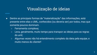 Visualização de ideias
● Dentre as principais formas de “materialização” das informações, está
presente entre elas o UML, conhecidos (ou deveria ser) por todos, mas que
somente poucos dominam.
○ Ferramenta complexa;
○ Leva, geralmente, muito tempo para transpor as ideias para as regras
do uml;
○ Algumas vezes não há entendimento completo da ideia pela equipe, e
muito menos do cliente!!
6
 