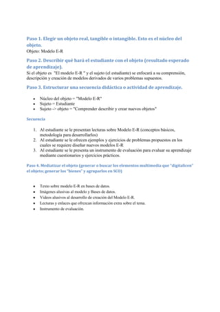 Paso 1. Elegir un objeto real, tangible o intangible. Esto es el núcleo del
objeto.
Objeto: Modelo E-R

Paso 2. Describir qué hará el estudiante con el objeto (resultado esperado
de aprendizaje).
Si el objeto es "El modelo E-R " y el sujeto (el estudiante) se enfocará a su comprensión,
descripción y creación de modelos derivados de varios problemas supuestos.

Paso 3. Estructurar una secuencia didáctica o actividad de aprendizaje.

       Núcleo del objeto = "Modelo E-R"
       Sujeto = Estudiante
       Sujeto -> objeto = "Comprender describir y crear nuevos objetos"

Secuencia

   1. Al estudiante se le presentan lecturas sobre Modelo E-R (conceptos básicos,
      metodología para desarrollarlos)
   2. Al estudiante se le ofrecen ejemplos y ejercicios de problemas propuestos en los
      cuales se requiere diseñar nuevos modelos E-R
   3. Al estudiante se le presenta un instrumento de evaluación para evaluar su aprendizaje
      mediante cuestionarios y ejercicios prácticos.

Paso 4. Mediatizar el objeto (generar o buscar los elementos multimedia que “digitalicen”
el objeto; generar los “bienes” y agruparlos en SCO)


       Texto sobre modelo E-R en bases de datos.
       Imágenes alusivas al modelo y Bases de datos.
       Videos alusivos al desarrollo de creación del Modelo E-R.
       Lecturas y enlaces que ofrezcan información extra sobre el tema.
       Instrumento de evaluación.
 