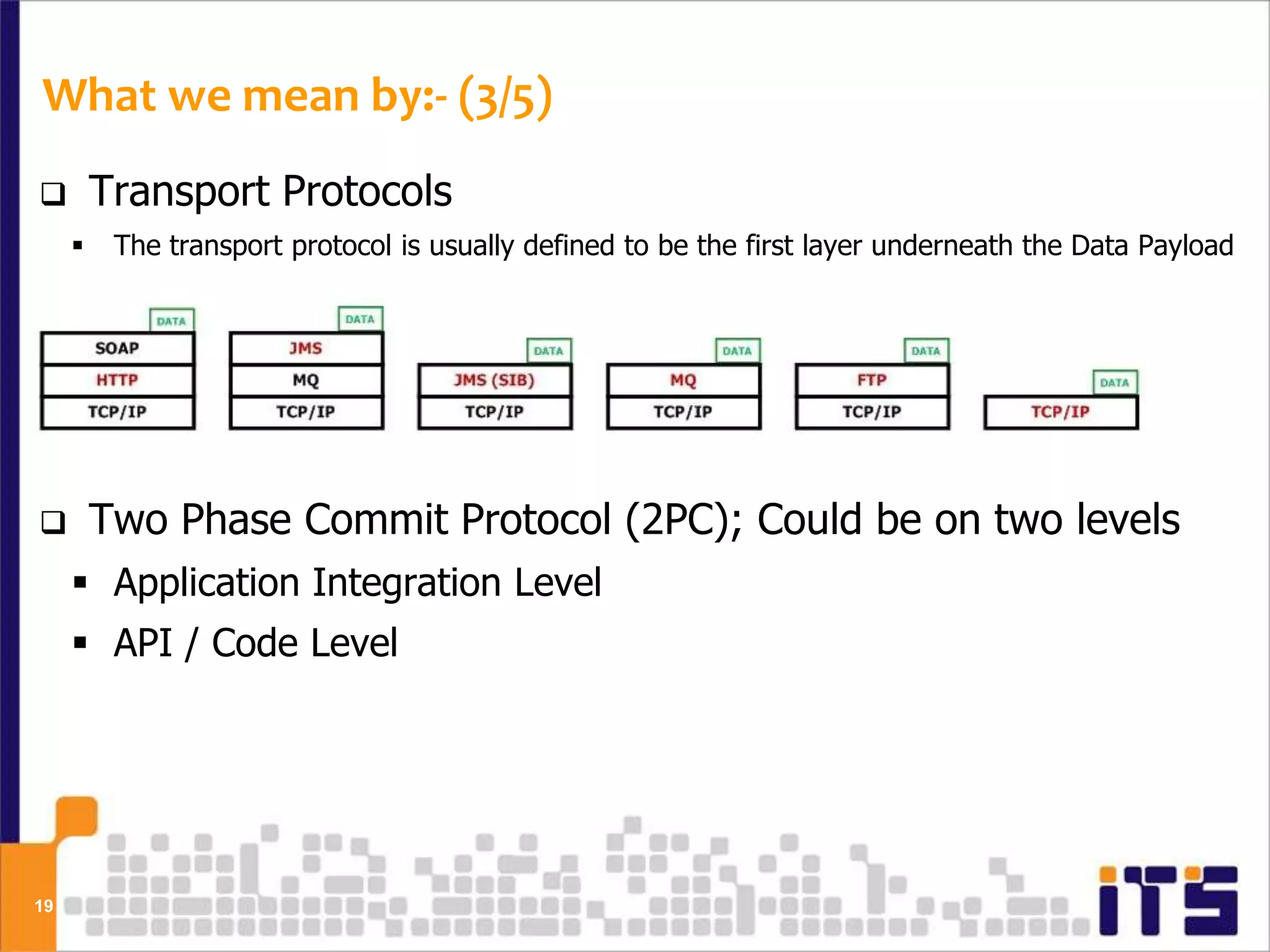 What we mean by:- (3/5)
        Transport Protocols
         The transport protocol is usually defined to be the first layer underneath the Data Payload




        Two Phase Commit Protocol (2PC); Could be on two levels
      Application Integration Level
      API / Code Level




19
 