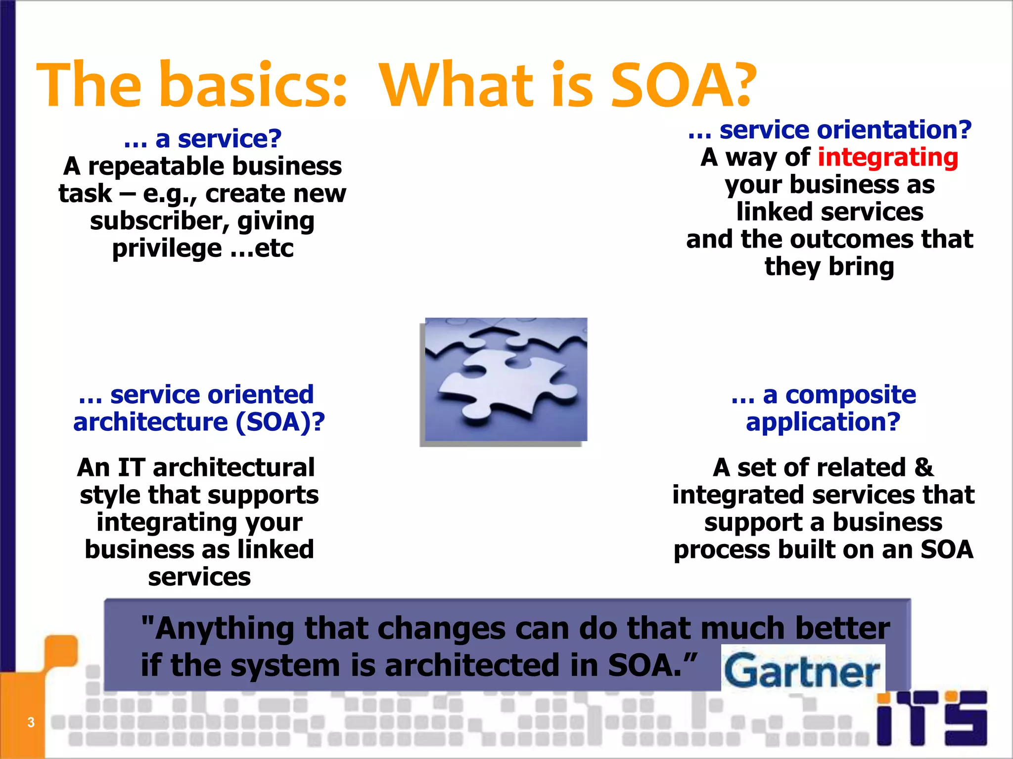 The basics: What is SOA?               … service orientation?
         … a service?
    A repeatable business                   A way of integrating
    task – e.g., create new                   your business as
      subscriber, giving                       linked services
        privilege …etc                     and the outcomes that
                                                  they bring




     … service oriented                       … a composite
     architecture (SOA)?                       application?
     An IT architectural                      A set of related &
     style that supports                  integrated services that
      integrating your                       support a business
     business as linked                   process built on an SOA
           services

          "Anything that changes can do that much better
          if the system is architected in SOA.”
3
 