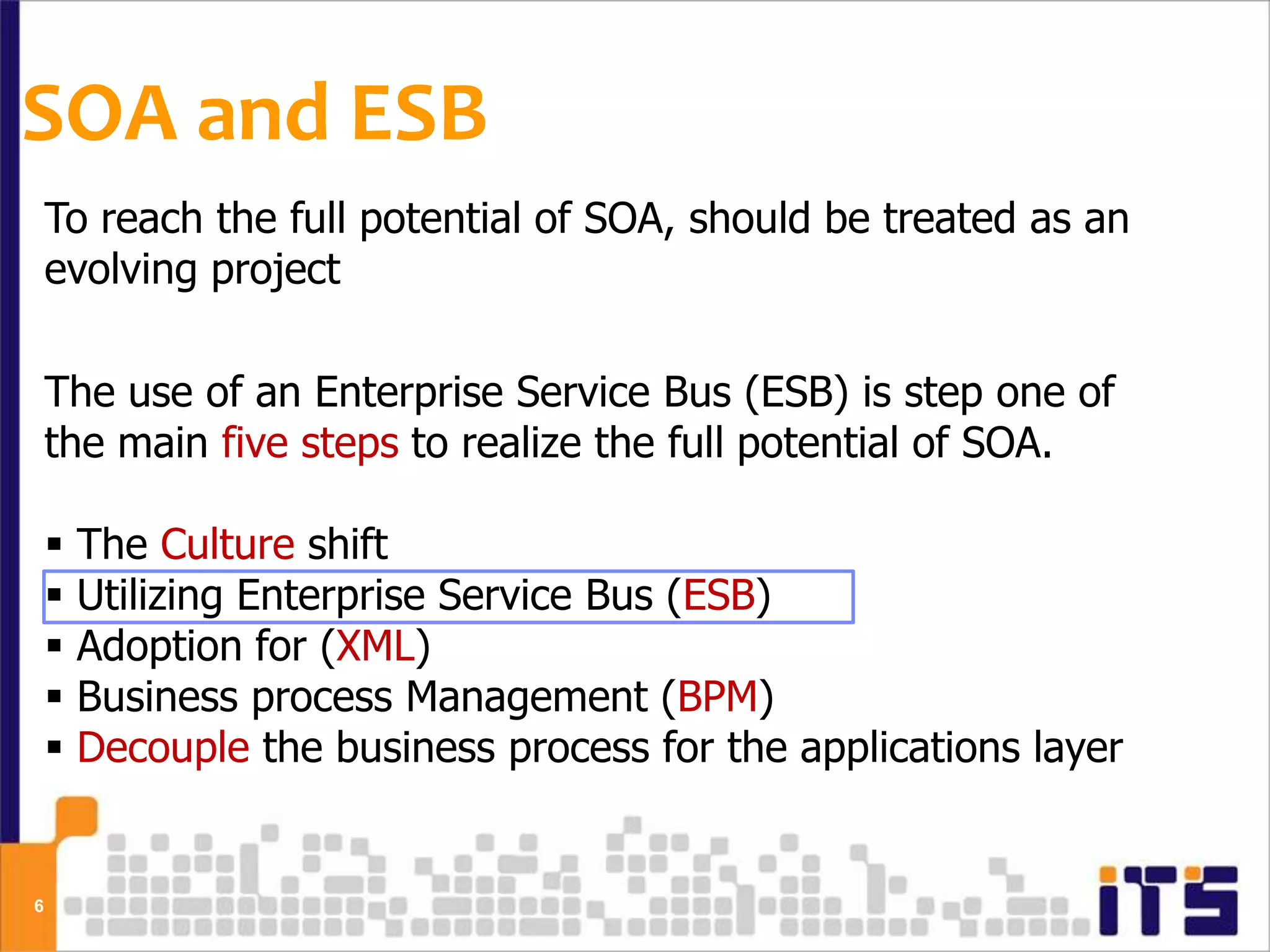 SOA and ESB
    To reach the full potential of SOA, should be treated as an
    evolving project

    The use of an Enterprise Service Bus (ESB) is step one of
    the main five steps to realize the full potential of SOA.

       The Culture shift
       Utilizing Enterprise Service Bus (ESB)
       Adoption for (XML)
       Business process Management (BPM)
       Decouple the business process for the applications layer


6
 