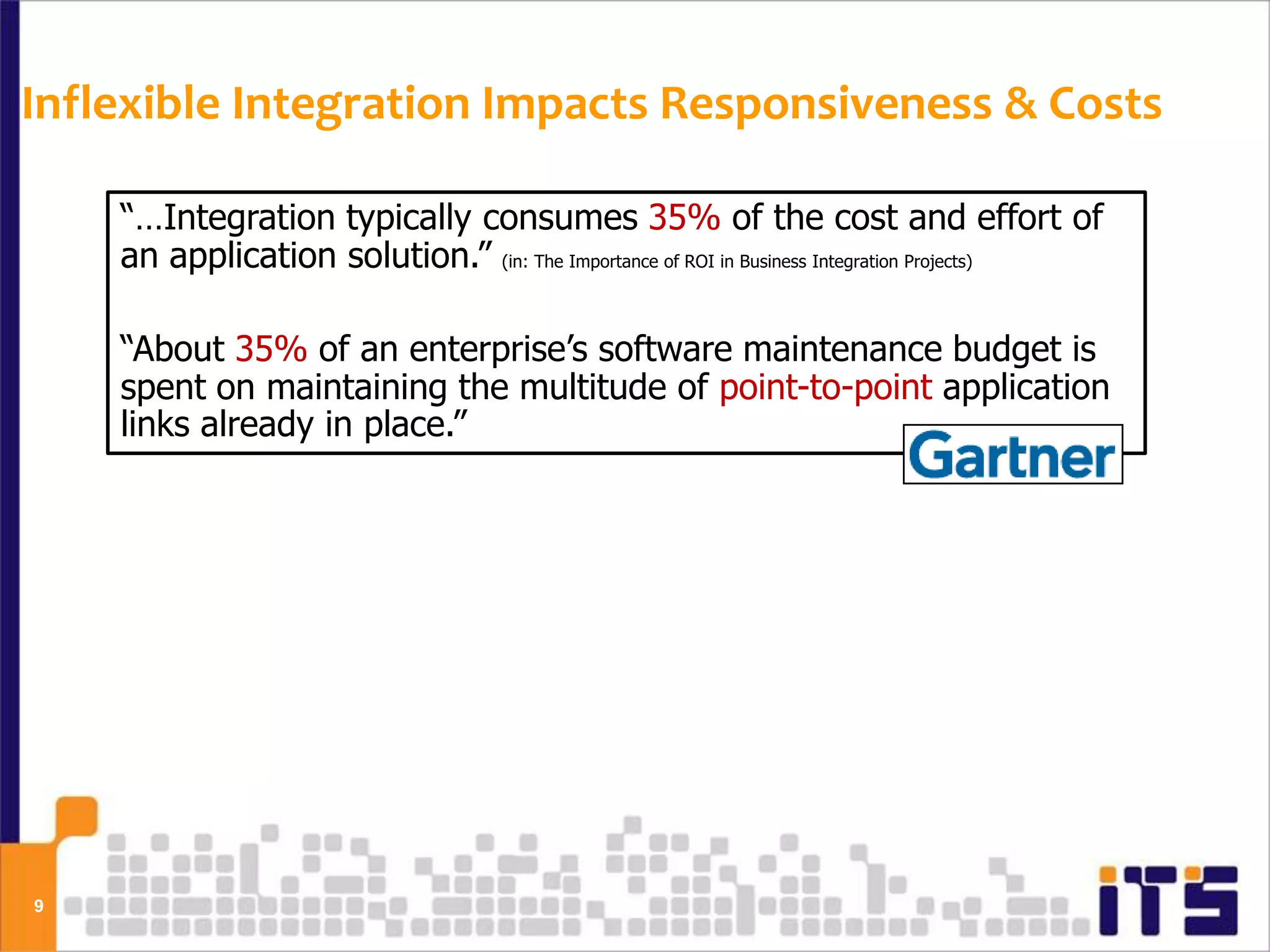 Inflexible Integration Impacts Responsiveness & Costs

    “…Integration typically consumes 35% of the cost and effort of
    an application solution.” (in: The Importance of ROI in Business Integration Projects)

    “About 35% of an enterprise’s software maintenance budget is
    spent on maintaining the multitude of point-to-point application
    links already in place.”




9
 