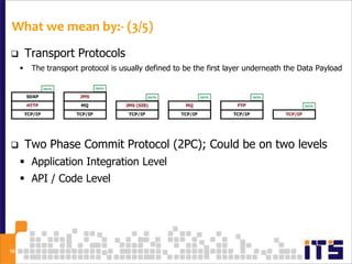 What we mean by:- (3/5)
        Transport Protocols
         The transport protocol is usually defined to be the first layer underneath the Data Payload




        Two Phase Commit Protocol (2PC); Could be on two levels
      Application Integration Level
      API / Code Level




19
 