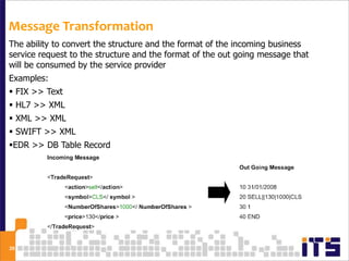 Message Transformation
The ability to convert the structure and the format of the incoming business
service request to the structure and the format of the out going message that
will be consumed by the service provider
Examples:
 FIX >> Text
 HL7 >> XML
 XML >> XML
 SWIFT >> XML
EDR >> DB Table Record




29
 
