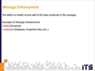 Message Enhancement

The ability to modify or/and add to the data contained in the message.


Examples of Message Enhancement
 Date Conversion
 Look-ups (Database, Properties files, etc..)




30
 