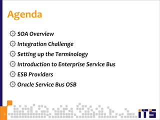 Agenda
    ۞ SOA Overview
    ۞ Integration Challenge
    ۞ Setting up the Terminology
    ۞ Introduction to Enterprise Se...
