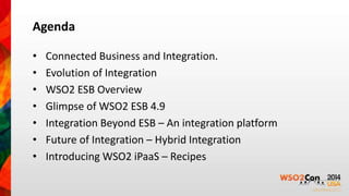 Agenda 
• Connected Business and Integration. 
• Evolution of Integration 
• WSO2 ESB Overview 
• Glimpse of WSO2 ESB 4.9 
• Integration Beyond ESB – An integration platform 
• Future of Integration – Hybrid Integration 
• Introducing WSO2 iPaaS – Recipes 
 