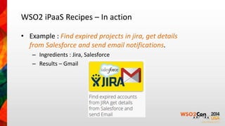 WSO2 iPaaS Recipes – In action 
• Example : Find expired projects in jira, get details 
from Salesforce and send email notifications. 
– Ingredients : Jira, Salesforce 
– Results – Gmail 
 