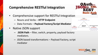 Comprehensive RESTful Integration 
• Comprehensive support for RESTful Integration 
– Nouns and Verbs – HTTP Endpoint 
– Data Formats – Payload Factory/Script Mediator 
• Native JSON support 
– JSON Path – filter, switch, property, payload factory 
mediators. 
– JSON based transformations – Payload Factory, script 
mediator 
 