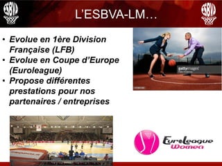 L’ESBVA-LM…
• Evolue en 1ère Division
Française (LFB)
• Evolue en Coupe d’Europe
(Euroleague)
• Propose différentes
prestations pour nos
partenaires / entreprises
 