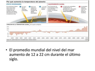• El promedio mundial del nivel del mar
  aumento de 12 a 22 cm durante el último
  siglo.
 