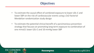 Objectives
• To estimate the causal effect of combined exposure to lower LDL-C and 
lower SBP on the risk of cardiovascular events using a 2x2 factorial 
Mendelian randomization study design
• To estimate the potential clinical benefit of a parsimonious prevention 
strategy that focuses on promoting long-term exposure to combination of 
one mmol/L lower LDL-C and 10 mmHg lower SBP
 