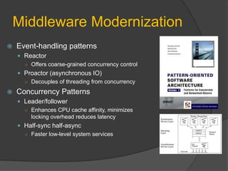 Middleware Modernization
   Event-handling patterns
     Reactor
      ○ Offers coarse-grained concurrency control
     Proactor (asynchronous IO)
      ○ Decouples of threading from concurrency

   Concurrency Patterns
     Leader/follower
      ○ Enhances CPU cache affinity, minimizes
        locking overhead reduces latency
     Half-sync half-async
      ○ Faster low-level system services
 