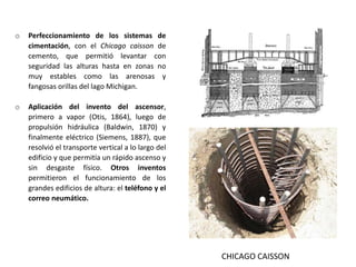 o Perfeccionamiento de los sistemas de
cimentación, con el Chicago caisson de
cemento, que permitió levantar con
seguridad las alturas hasta en zonas no
muy estables como las arenosas y
fangosas orillas del lago Michigan.
o Aplicación del invento del ascensor,
primero a vapor (Otis, 1864), luego de
propulsión hidráulica (Baldwin, 1870) y
finalmente eléctrico (Siemens, 1887), que
resolvió el transporte vertical a lo largo del
edificio y que permitía un rápido ascenso y
sin desgaste físico. Otros inventos
permitieron el funcionamiento de los
grandes edificios de altura: el teléfono y el
correo neumático.
CHICAGO CAISSON
 