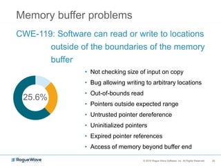 22© 2016 Rogue Wave Software, Inc. All Rights Reserved. 22
Memory buffer problems
CWE-119: Software can read or write to locations
outside of the boundaries of the memory
buffer
25.6%
• Not checking size of input on copy
• Bug allowing writing to arbitrary locations
• Out-of-bounds read
• Pointers outside expected range
• Untrusted pointer dereference
• Uninitialized pointers
• Expired pointer references
• Access of memory beyond buffer end
 