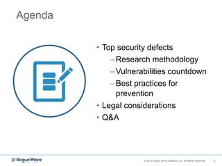 3© 2016 Rogue Wave Software, Inc. All Rights Reserved. 3
Agenda
• Top security defects
–Research methodology
–Vulnerabilities countdown
–Best practices for
prevention
• Legal considerations
• Q&A
 
