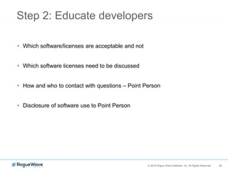 35© 2016 Rogue Wave Software, Inc. All Rights Reserved. 35
Step 2: Educate developers
• Which software/licenses are acceptable and not
• Which software licenses need to be discussed
• How and who to contact with questions – Point Person
• Disclosure of software use to Point Person
 