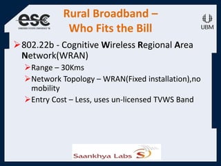 Rural Broadband –
Who Fits the Bill
802.22b - Cognitive Wireless Regional Area
Network(WRAN)
Range – 30Kms
Network Topology – WRAN(Fixed installation),no
mobility
Entry Cost – Less, uses un-licensed TVWS Band
 