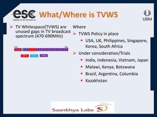 What/Where is TVWS
 TV Whitespace(TVWS) are
unused gaps in TV broadcast
spectrum (470-690MHz)
Where
 TVWS Policy in place
 USA, UK, Philippines, Singapore,
Korea, South Africa
 Under consideration/Trials
 India, Indonesia, Vietnam, Japan
 Malawi, Kenya, Botswana
 Brazil, Argentina, Columbia
 Kazakhstan
 