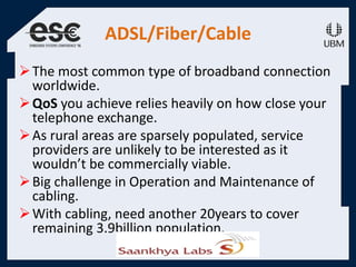 ADSL/Fiber/Cable
The most common type of broadband connection
worldwide.
QoS you achieve relies heavily on how close your
telephone exchange.
As rural areas are sparsely populated, service
providers are unlikely to be interested as it
wouldn’t be commercially viable.
Big challenge in Operation and Maintenance of
cabling.
With cabling, need another 20years to cover
remaining 3.9billion population.
 