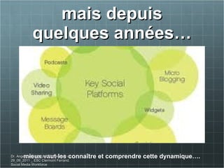 mais depuis quelques années… mieux vaut les connaître et comprendre cette dynamique….  Dr. Angelica Laurençon_Conférence du 29_09_2011 _ ESC Clermont Ferrand. Social Media Workforce 